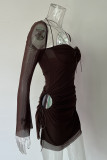 Sexy Solid Hollowed Out Draw String Square Collar Waist Skirt Dresses