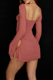 Sexy Solid Hollowed Out Draw String Square Collar Waist Skirt Dresses