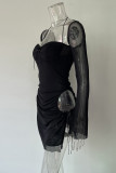 Sexy Solid Hollowed Out Draw String Square Collar Waist Skirt Dresses