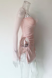 Sexy Solid Hollowed Out Draw String Square Collar Waist Skirt Dresses