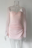 Sexy Solid Hollowed Out Draw String Square Collar Waist Skirt Dresses