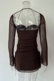 Sexy Solid Hollowed Out Draw String Square Collar Waist Skirt Dresses