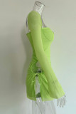 Sexy Solid Hollowed Out Draw String Square Collar Waist Skirt Dresses