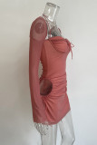 Sexy Solid Hollowed Out Draw String Square Collar Waist Skirt Dresses