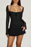 Sexy Solid Hollowed Out Draw String Square Collar Waist Skirt Dresses