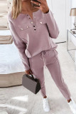 Casual Solid Buckle Solid Color V Neck Long Sleeve Two Pieces