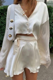 Sexy Solid Frenulum V Neck Long Sleeve Two Pieces