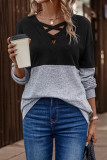 Casual Color Block Cross Straps Contrast V Neck Tops