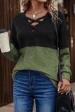 Casual Color Block Cross Straps Contrast V Neck Tops