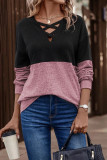 Casual Color Block Cross Straps Contrast V Neck Tops
