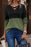 Casual Color Block Cross Straps Contrast V Neck Tops