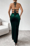 Sexy Party Solid Frenulum Slit Halter Sling Dress Dresses