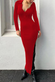 Elegant Solid Buttons Slit Turndown Collar One Step Skirt Dresses
