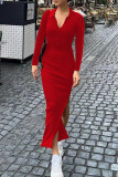Elegant Solid Buttons Slit Turndown Collar One Step Skirt Dresses