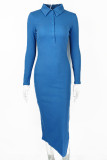 Elegant Solid Buttons Slit Turndown Collar One Step Skirt Dresses