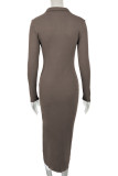 Elegant Solid Buttons Slit Turndown Collar One Step Skirt Dresses