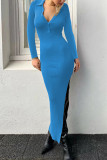 Elegant Solid Buttons Slit Turndown Collar One Step Skirt Dresses