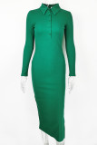 Elegant Solid Buttons Slit Turndown Collar One Step Skirt Dresses