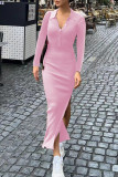 Elegant Solid Buttons Slit Turndown Collar One Step Skirt Dresses