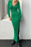Elegant Solid Buttons Slit Turndown Collar One Step Skirt Dresses