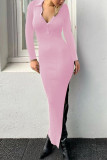 Elegant Solid Buttons Slit Turndown Collar One Step Skirt Dresses