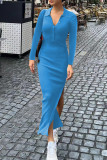 Elegant Solid Buttons Slit Turndown Collar One Step Skirt Dresses
