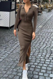 Elegant Solid Buttons Slit Turndown Collar One Step Skirt Dresses