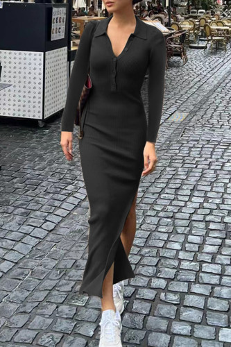 Elegant Solid Buttons Slit Turndown Collar One Step Skirt Dresses