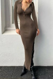 Elegant Solid Buttons Slit Turndown Collar One Step Skirt Dresses