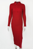 Elegant Solid Buttons Slit Turndown Collar One Step Skirt Dresses