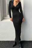 Elegant Solid Buttons Slit Turndown Collar One Step Skirt Dresses