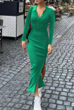 Elegant Solid Buttons Slit Turndown Collar One Step Skirt Dresses