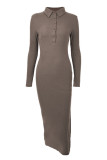 Elegant Solid Buttons Slit Turndown Collar One Step Skirt Dresses