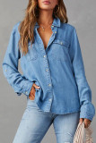 Casual Simplicity Solid Patchwork Turndown Collar Tops