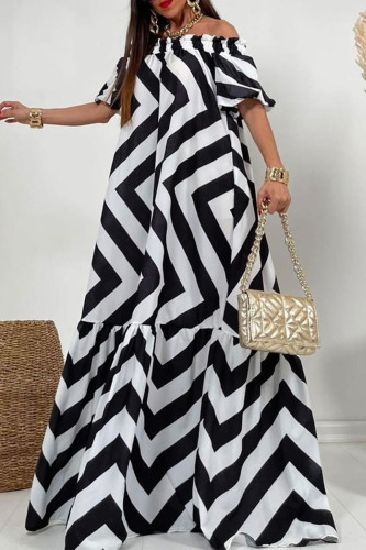 Casual Striped Contrast Off the Shoulder Printed Dress Dresses