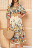 Elegant College Floral With Belt V Neck A Line Dresses
