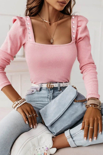 Sweet Elegant Solid Beading Square Collar Tops