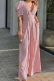 Elegant Solid Pocket Fold V Neck Loose Jumpsuits
