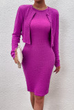 Elegant Solid Buttons O Neck Long Sleeve Two Pieces