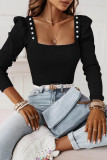 Sweet Elegant Solid Beading Square Collar Tops