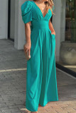 Elegant Solid Pocket Fold V Neck Loose Jumpsuits