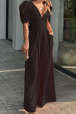 Elegant Solid Pocket Fold V Neck Loose Jumpsuits