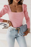Sweet Elegant Solid Beading Square Collar Tops