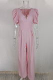 Elegant Solid Pocket Fold V Neck Loose Jumpsuits