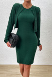 Elegant Solid Buttons O Neck Long Sleeve Two Pieces
