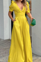 Elegant Solid Pocket Fold V Neck Loose Jumpsuits