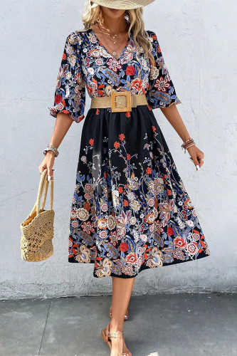 Elegant College Floral With Belt V Neck A Line Dresses