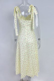 Sweet Elegant Floral Frenulum Slit Square Collar Printed Dress Dresses