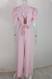 Elegant Solid Pocket Fold V Neck Loose Jumpsuits