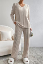 Casual Living Solid Pocket V Neck Long Sleeve Two Pieces